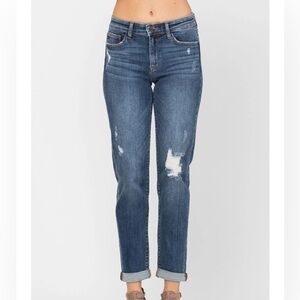 Judy Judy Blue Mid-Rise Destroyed Girlfriend Slim Fit Jeans Sz 7/28